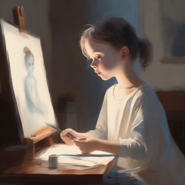 A young boy is painting a picture of a ghostly girl