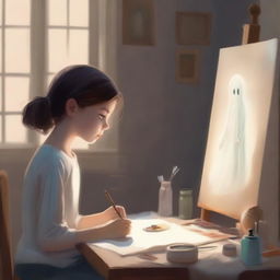 A young boy is painting a picture of a ghostly girl