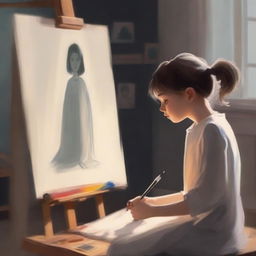 A young boy is painting a picture of a ghostly girl