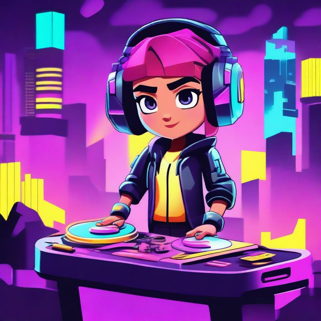 Create a Brawl Stars character named Clyde, a cyber DJ girl with an EDM theme