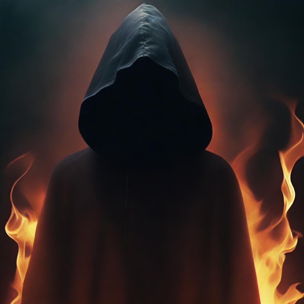 Create a scary book cover featuring a mysterious dark hooded figure with a smirk on their lips