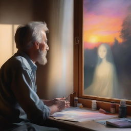 A man is painting a picture of a ghostly woman