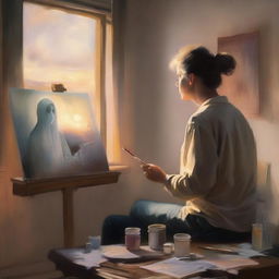 A man is painting a picture of a ghostly woman