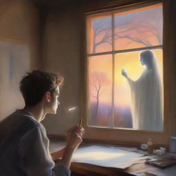 A young man is painting a picture of a young ghostly woman