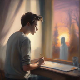 A young man is painting a picture of a young ghostly woman