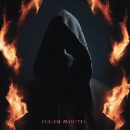 Create a scary book cover featuring a mysterious dark hooded figure