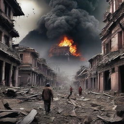 A movie poster depicting widespread destruction in Nepal