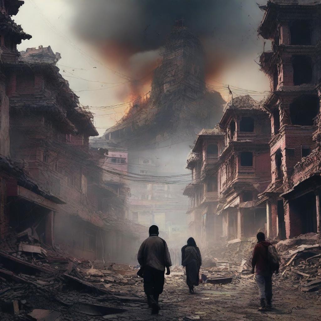 A movie poster depicting widespread destruction in Nepal