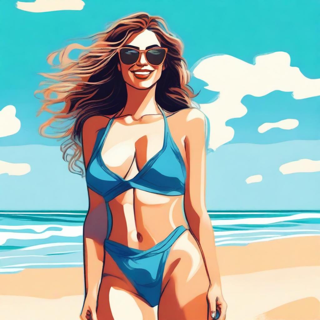 A woman is depicted wearing a stylish bikini, standing confidently on a sunny beach