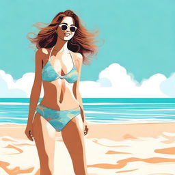 A woman is depicted wearing a stylish bikini, standing confidently on a sunny beach