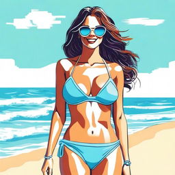 A woman is depicted wearing a stylish bikini, standing confidently on a sunny beach