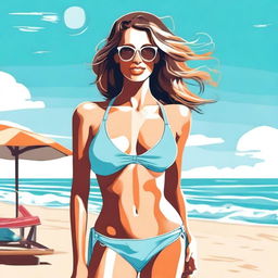 A woman is depicted wearing a stylish bikini, standing confidently on a sunny beach