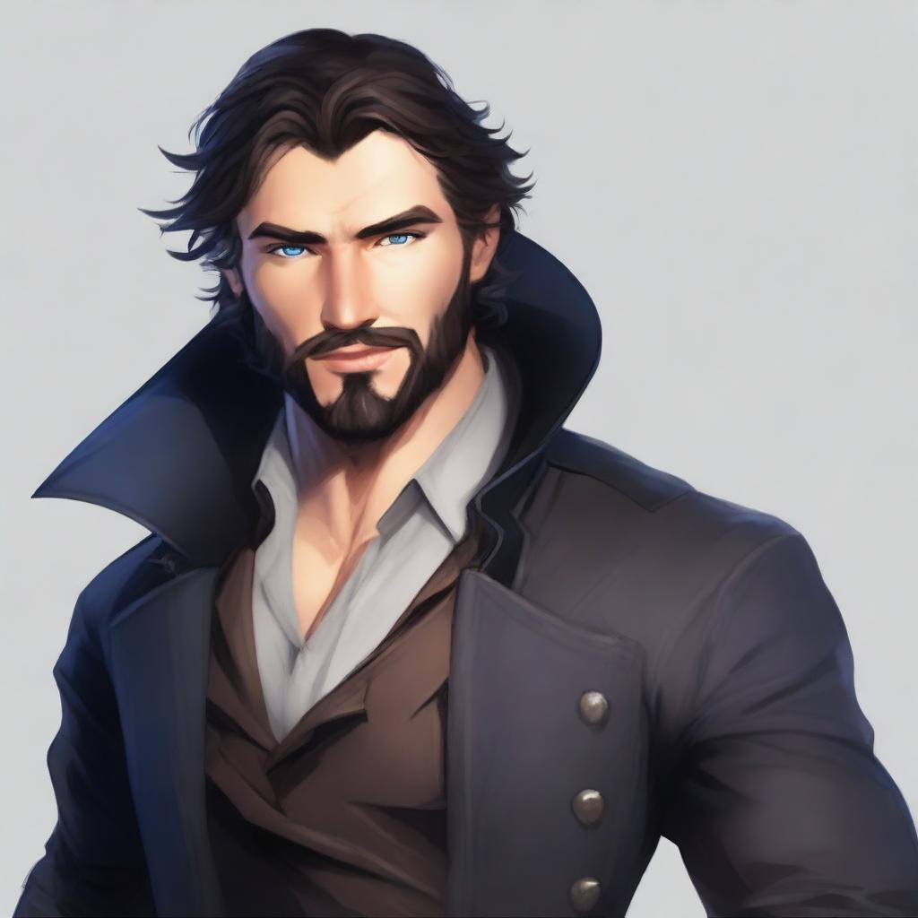 A noble rogue with dark hair, blue eyes, and a short beard