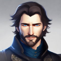 A noble rogue with dark hair, blue eyes, and a short beard