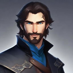 A noble rogue with dark hair, blue eyes, and a short beard