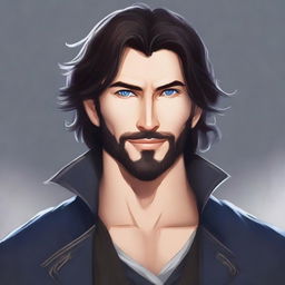 A noble rogue with dark hair, blue eyes, and a short beard