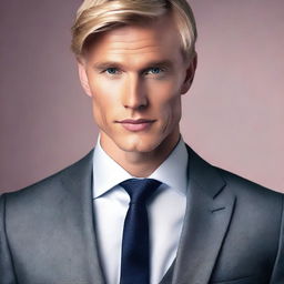 Create a book cover featuring a handsome blonde man with grey eyes, dressed in a suit