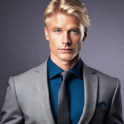 Create a book cover featuring a handsome blonde man with grey eyes, dressed in a suit