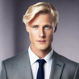 Create a book cover featuring a handsome blonde man with grey eyes, dressed in a suit