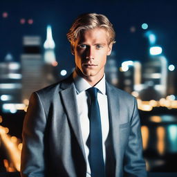 Create an image of a handsome blonde man with grey eyes, dressed in a suit, staring over a beautiful cityscape at night