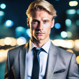 Create an image of a handsome blonde man with grey eyes, dressed in a suit, staring over a beautiful cityscape at night