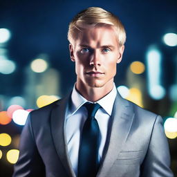 Create an image of a handsome blonde man with grey eyes, dressed in a suit, staring over a beautiful cityscape at night