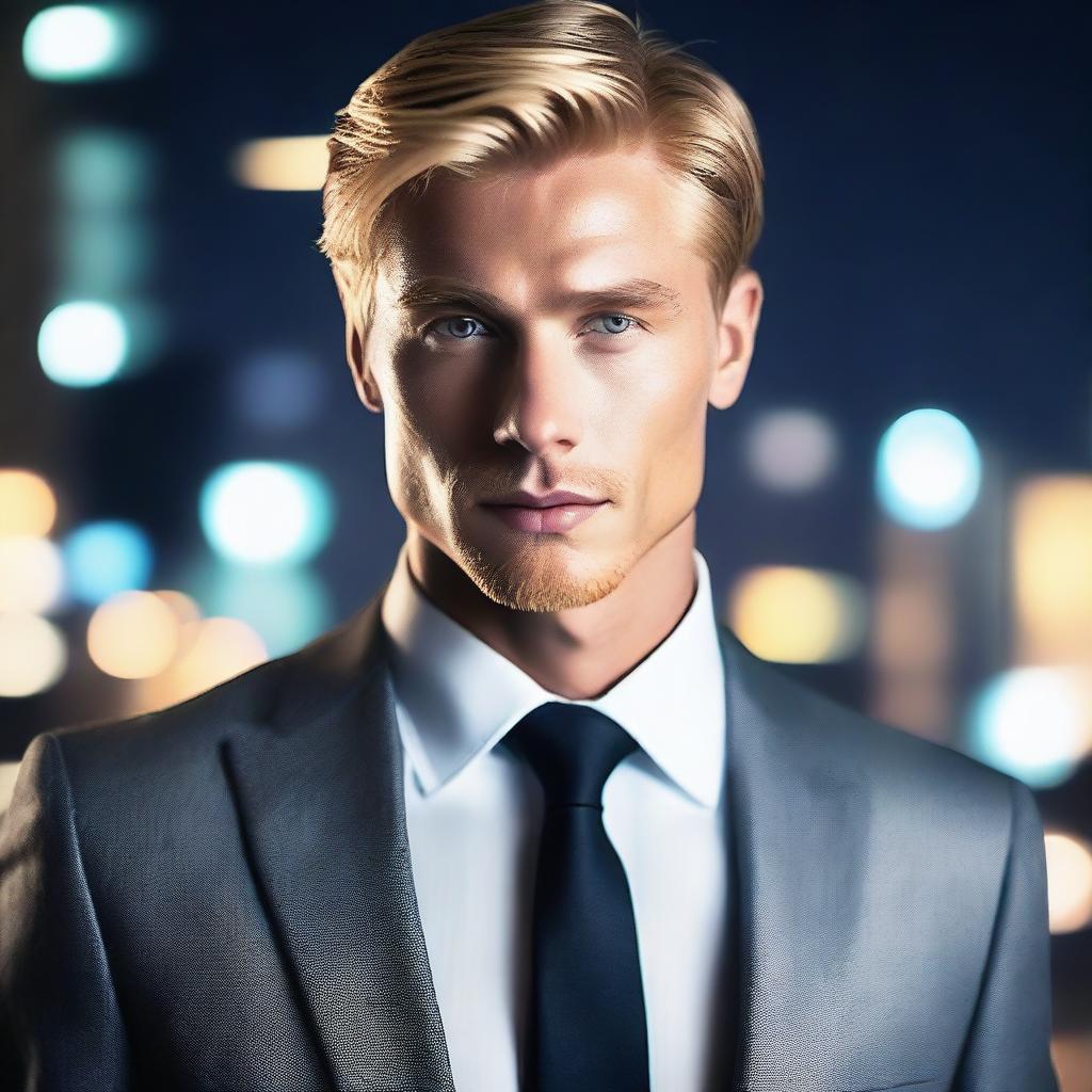 Create an image of a handsome blonde man with grey eyes, dressed in a suit, staring over a beautiful cityscape at night