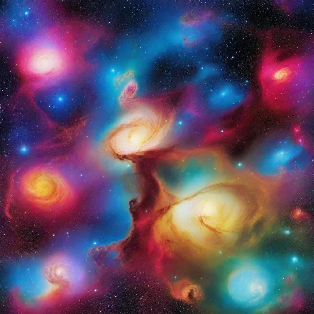 A beautiful depiction of the universe, featuring galaxies, stars, and nebulae in a vibrant and colorful cosmic scene