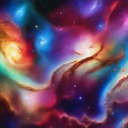 A beautiful depiction of the universe, featuring galaxies, stars, and nebulae in a vibrant and colorful cosmic scene