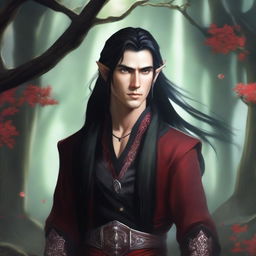 A male high elf with long black hair tied in a ponytail