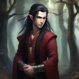 A male high elf with long black hair tied in a ponytail