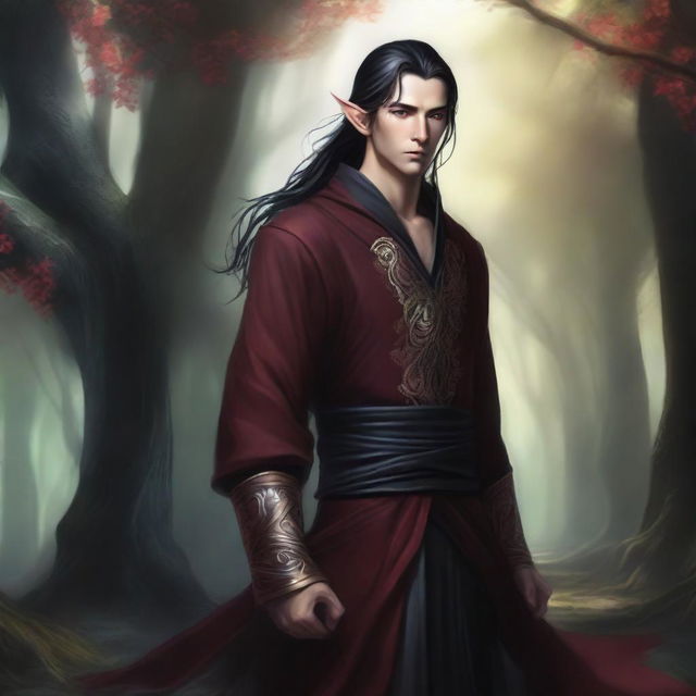 A male high elf with long black hair tied in a ponytail