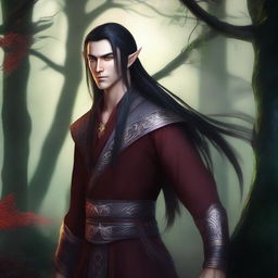 A male high elf with long black hair tied in a ponytail