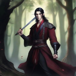 A male high elf with long black hair tied in a ponytail