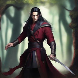 A male high elf with long black hair tied in a ponytail