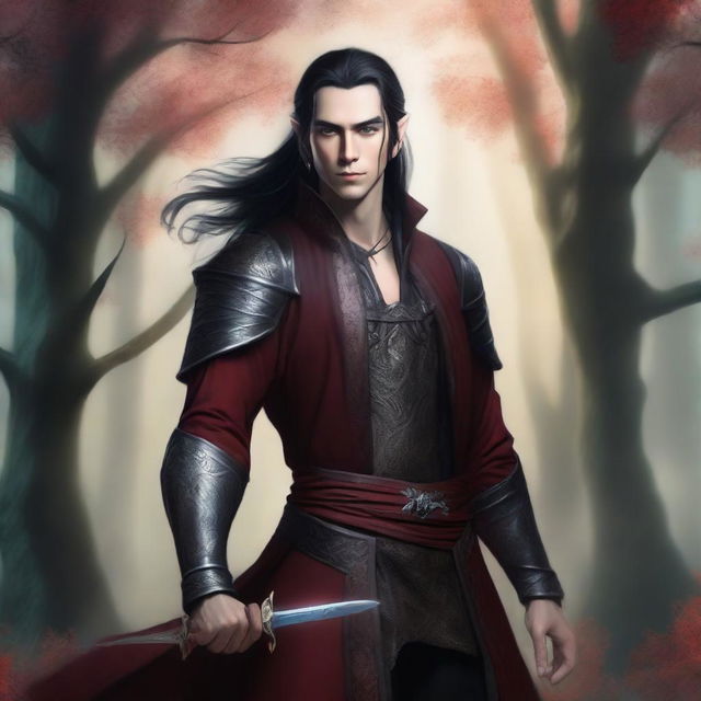 A male high elf with long black hair tied in a ponytail