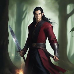 A male high elf with long black hair tied in a ponytail