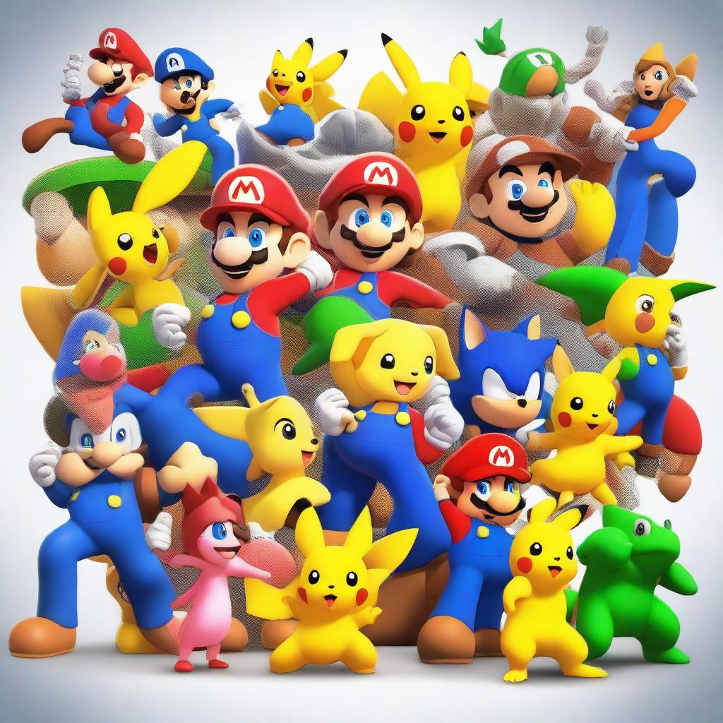 A vibrant and colorful collage featuring popular video game characters from different franchises, including Mario, Sonic, Master Chief, Lara Croft, and Pikachu