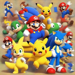 A vibrant and colorful collage featuring popular video game characters from different franchises, including Mario, Sonic, Master Chief, Lara Croft, and Pikachu