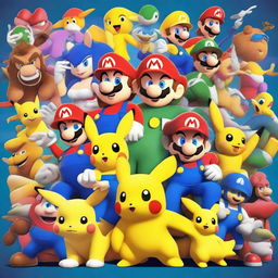 A vibrant and colorful collage featuring popular video game characters from different franchises, including Mario, Sonic, Master Chief, Lara Croft, and Pikachu