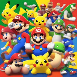 A vibrant and colorful collage featuring popular video game characters from different franchises, including Mario, Sonic, Master Chief, Lara Croft, and Pikachu