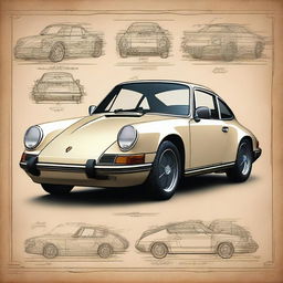 A classic Porsche 911 car illustrated in the style of Leonardo da Vinci