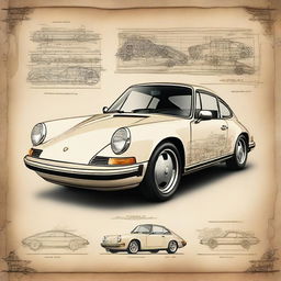 A classic Porsche 911 car illustrated in the style of Leonardo da Vinci