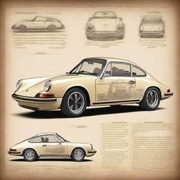 A classic Porsche 911 car illustrated in the style of Leonardo da Vinci