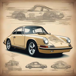 A classic Porsche 911 car illustrated in the style of Leonardo da Vinci