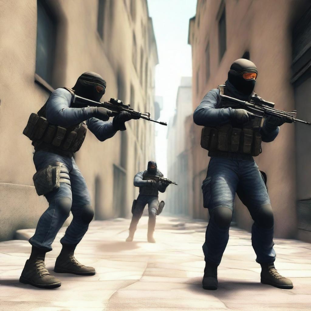 A high-intensity action scene from the game Counter-Strike, featuring two teams in a tactical firefight