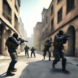 A high-intensity action scene from the game Counter-Strike, featuring two teams in a tactical firefight