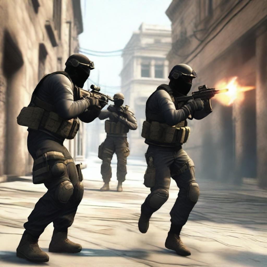 A high-intensity action scene from the game Counter-Strike, featuring two teams in a tactical firefight