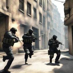 A high-intensity action scene from the game Counter-Strike, featuring two teams in a tactical firefight