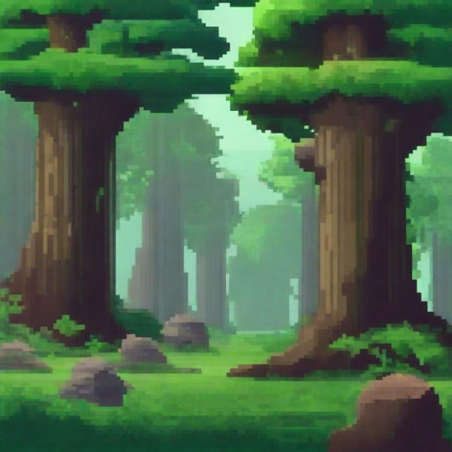 Create a pixel art scene with a dense giant forest in the foreground and huge pagan stone legends in the background